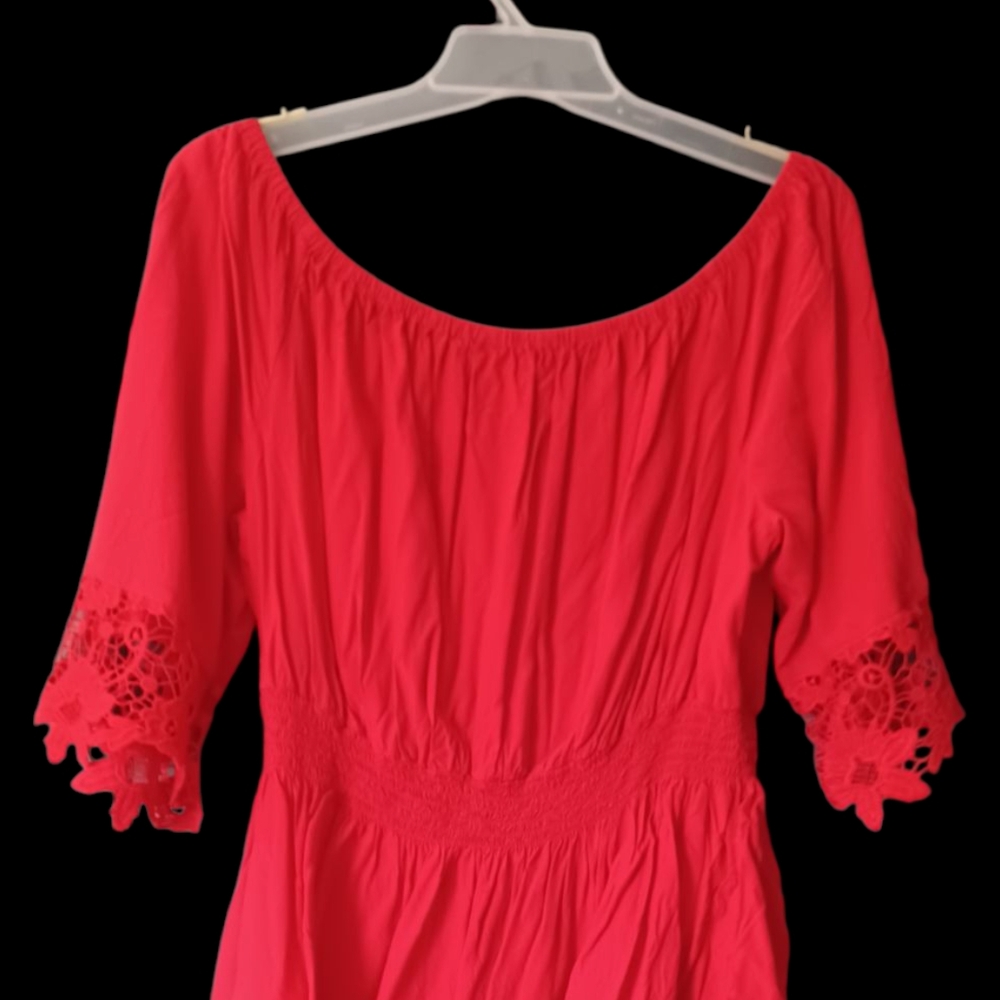Red Off-Shoulder Blouse with Lace Sleeves
